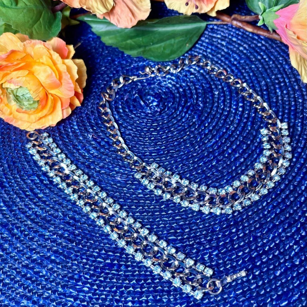 Vintage 1950's silver-toned bracelet and choker set with light blue rhinestones